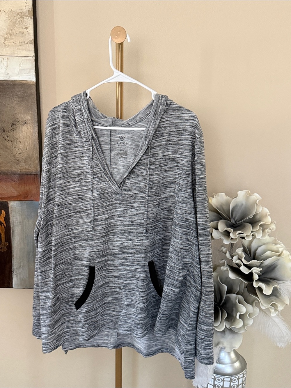 Livi Active Gray Marled V-Neck Hooded Sweater